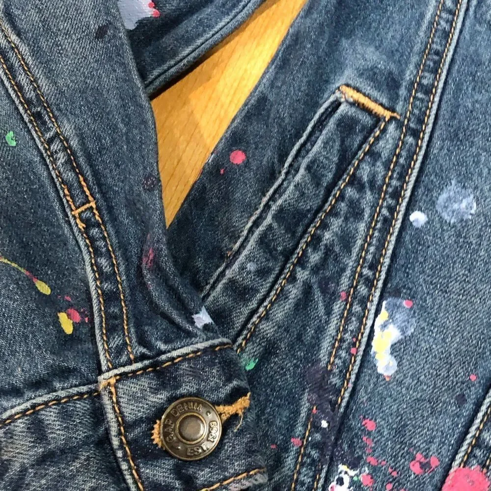 Girls GAP Jacket Size M Kids Denim Jean Jacket with Paint Splatter